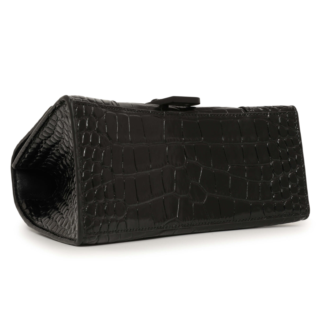 Balenciaga Black Monochrome Crocodile Embossed Calfskin Small Hourglass Top Handle Bag Handbags Balenciaga