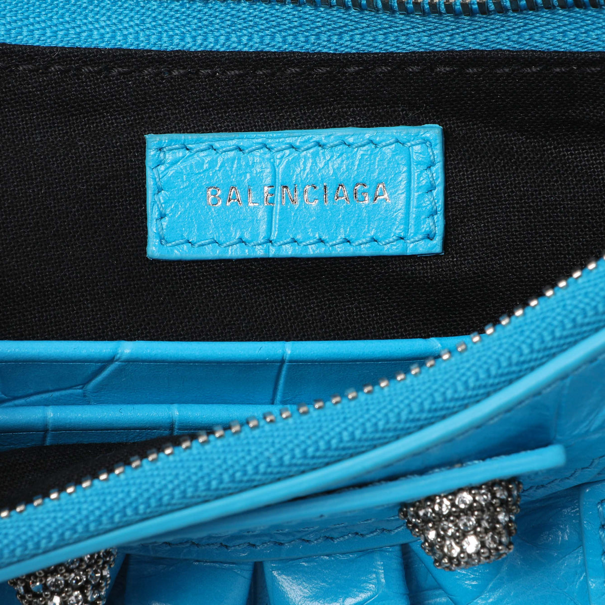 Balenciaga Blue Crocodile Embossed Calfskin Crystal Le Cagole Mini Purse With Chain Handbags Balenciaga