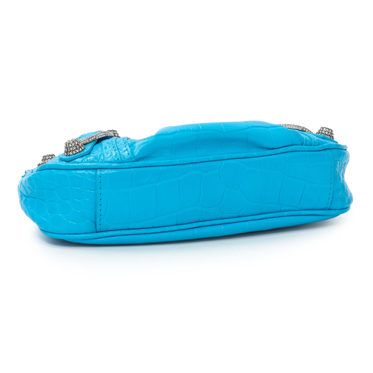 Balenciaga Blue Crocodile Embossed Calfskin Crystal Le Cagole Mini Purse With Chain Handbags Balenciaga