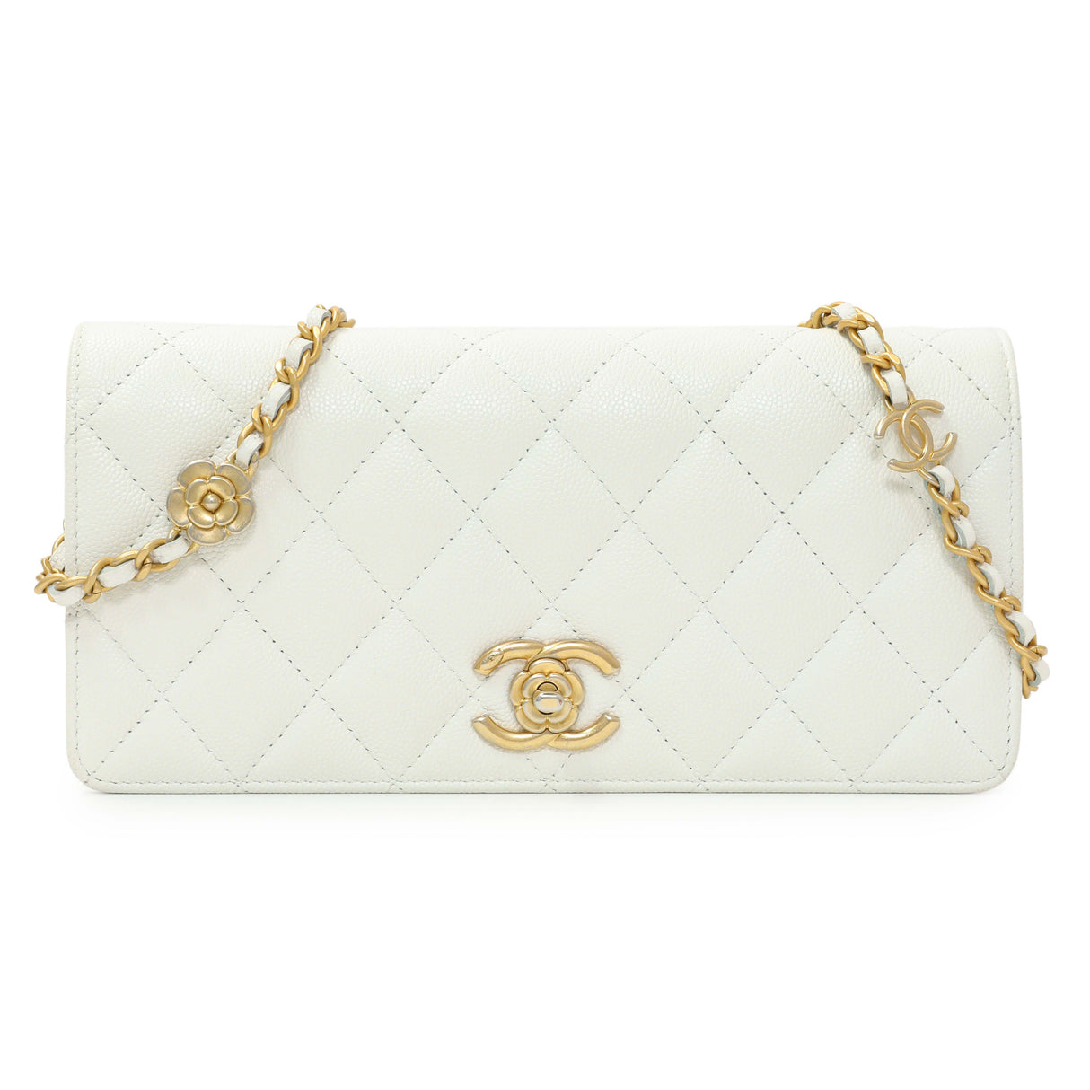 Chanel White Quilted Caviar Camellia Chain Flap Handbags Chanel