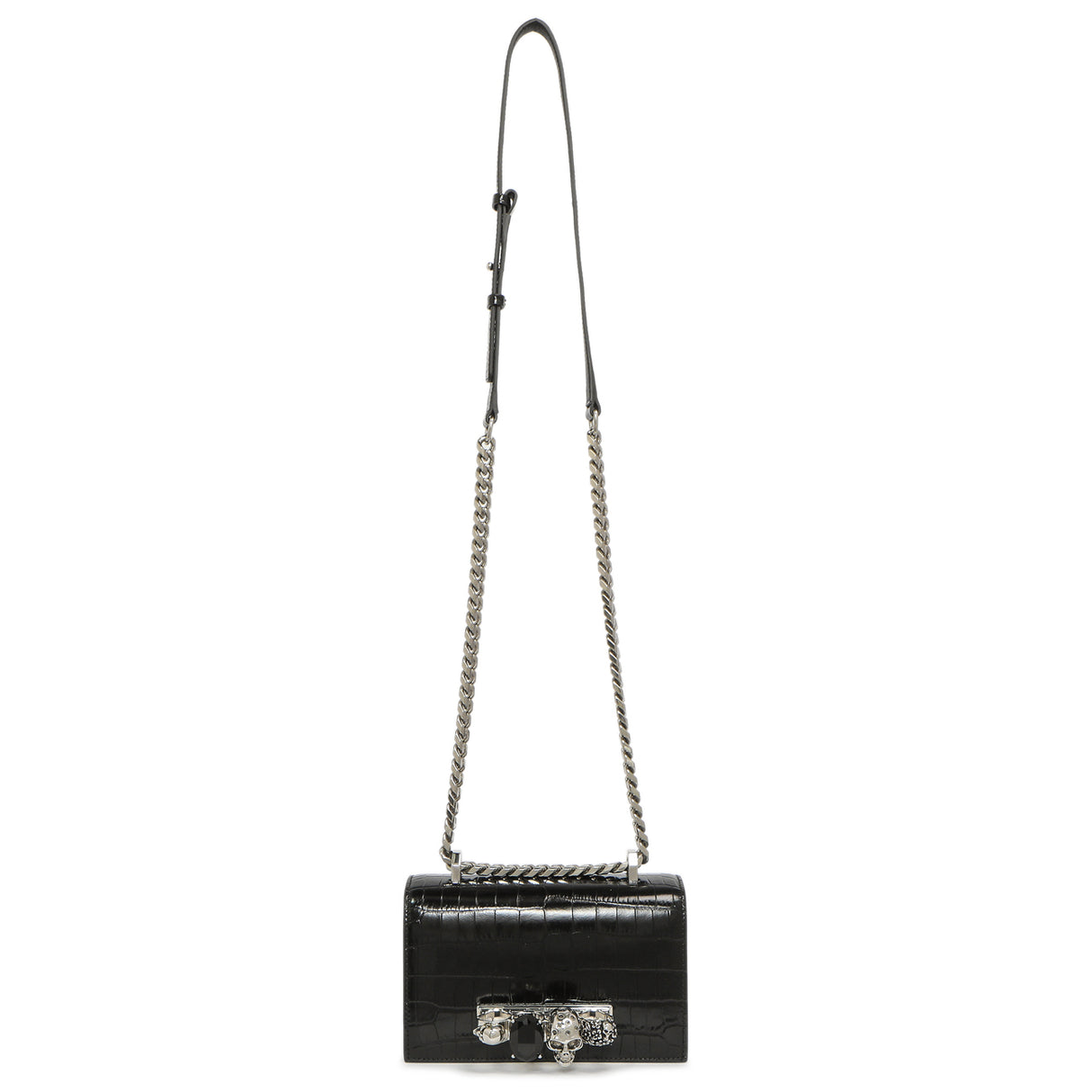 Alexander McQueen Black Shiny Crocodile Embossed Calfskin Knuckle Jeweled Shoulder Bag Handbags Alexander McQueen