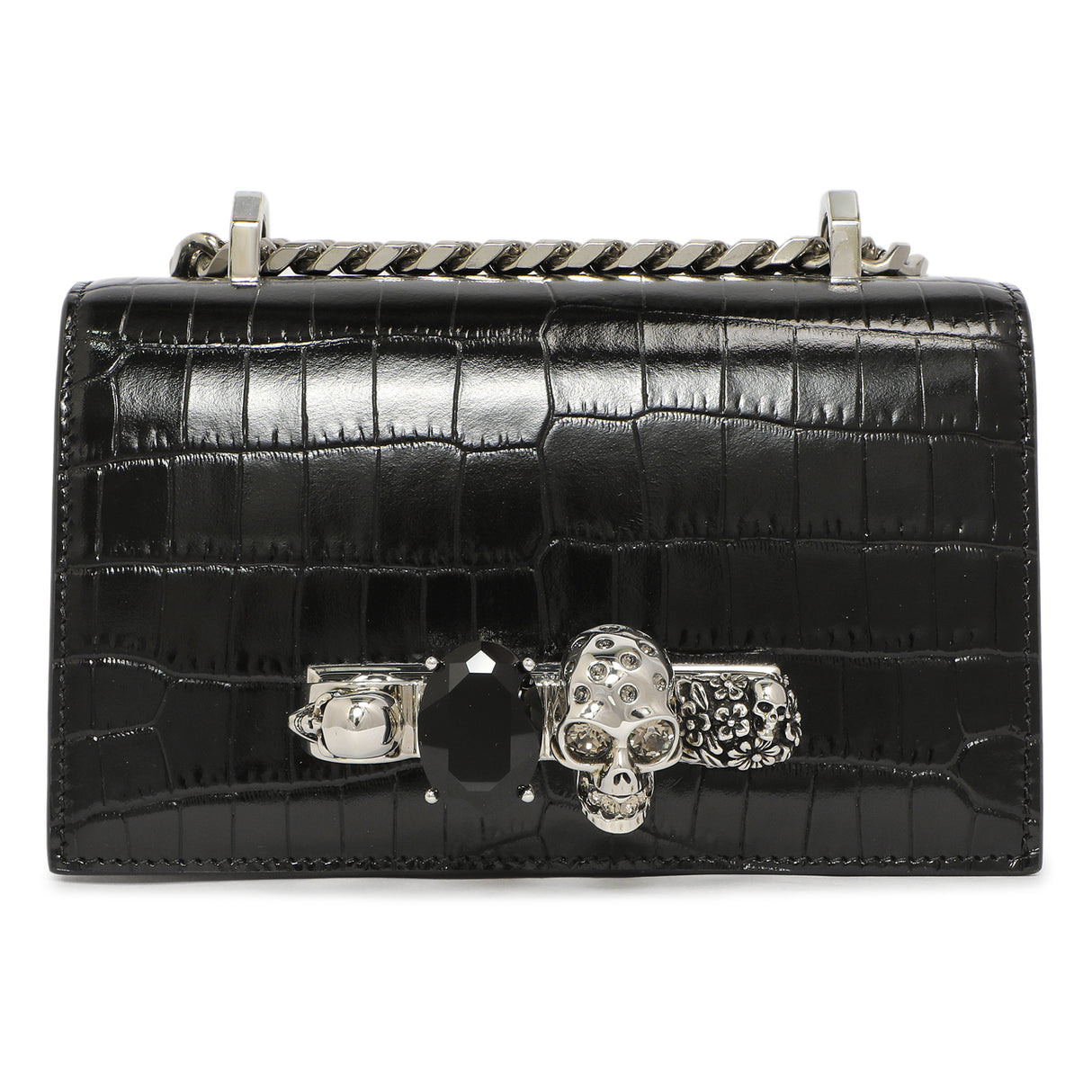 Alexander McQueen Black Shiny Crocodile Embossed Calfskin Knuckle Jeweled Shoulder Bag Handbags Alexander McQueen