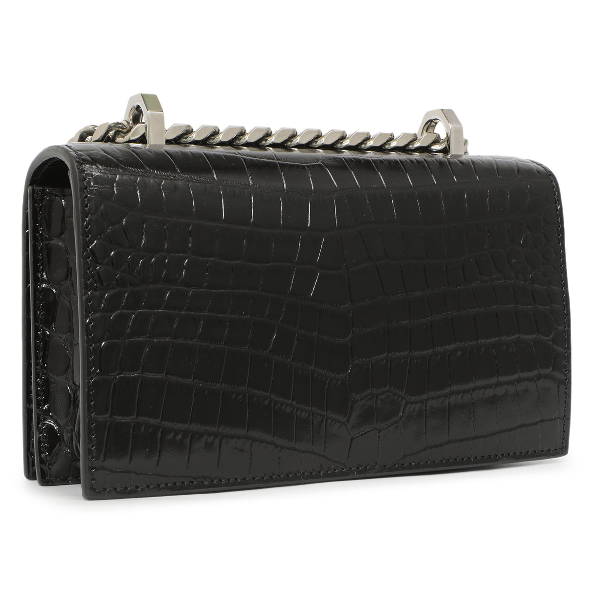 Alexander McQueen Black Shiny Crocodile Embossed Calfskin Knuckle Jeweled Shoulder Bag Handbags Alexander McQueen