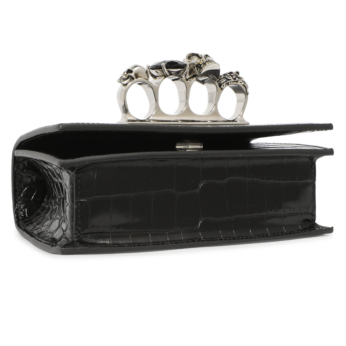 Alexander McQueen Black Shiny Crocodile Embossed Calfskin Knuckle Jeweled Shoulder Bag Handbags Alexander McQueen