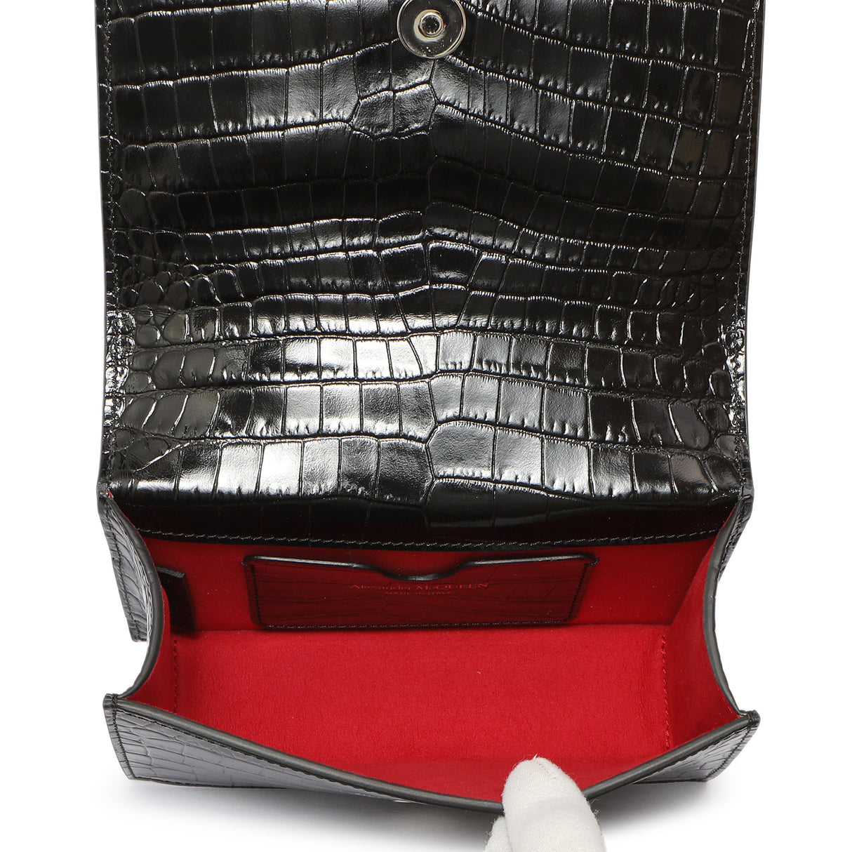 Alexander McQueen Black Shiny Crocodile Embossed Calfskin Knuckle Jeweled Shoulder Bag Handbags Alexander McQueen