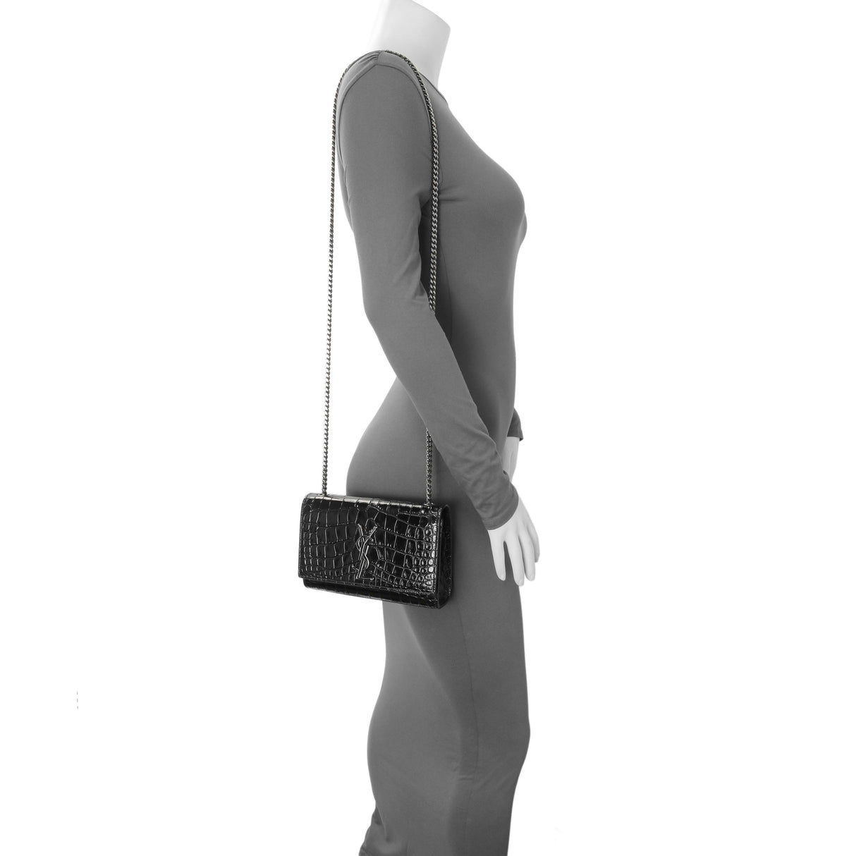 Saint Laurent Calfskin Crocodile Embossed Small Classic Monogram Kate Satchel Handbags Saint Laurent