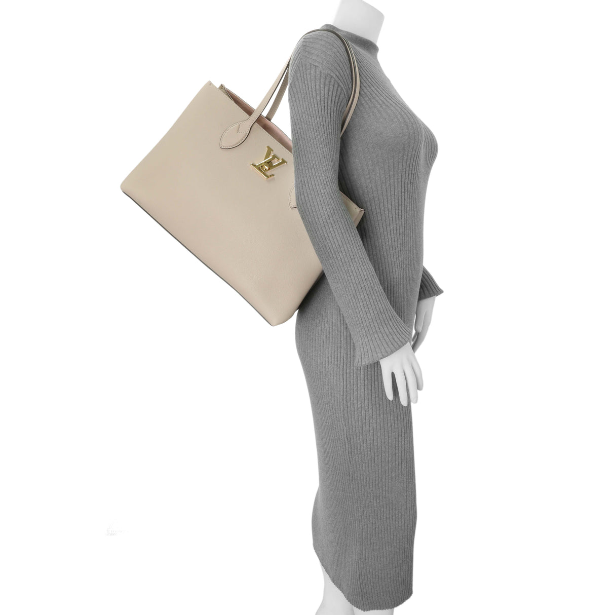 Louis Vuitton Greige Grained Calfskin Lockme Shopper Handbags Louis Vuitton