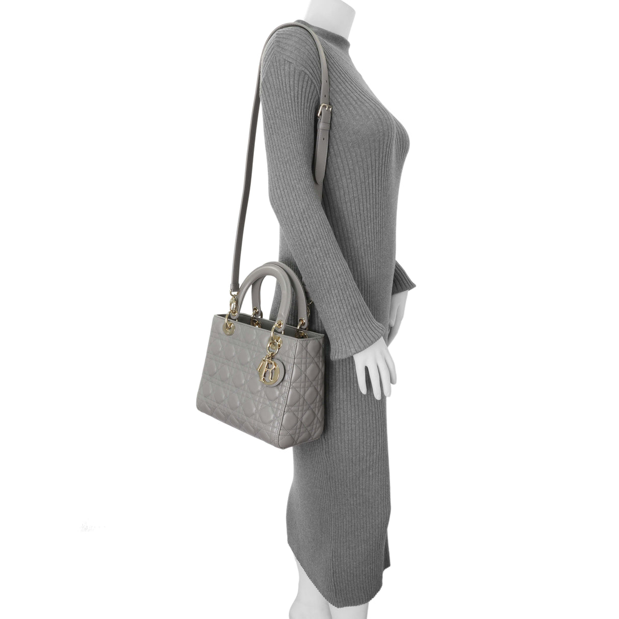 Christian Dior Grey Lambskin Cannage Medium Lady Dior Handbags Christian Dior