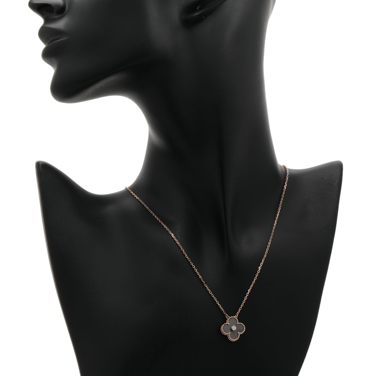 Van Cleef & Arpels 18K Rose Gold Diamond Obsidian Vintage Alhambra Pendant Necklace Designer Jewellery Van Cleef and Arpels