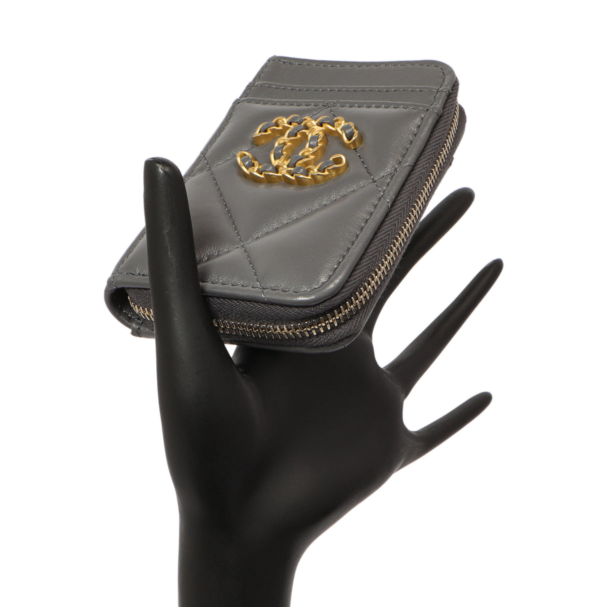 Chanel Grey Quilted Lambskin 19 Vertical Zip Card Holder Wallet Accessories Chanel