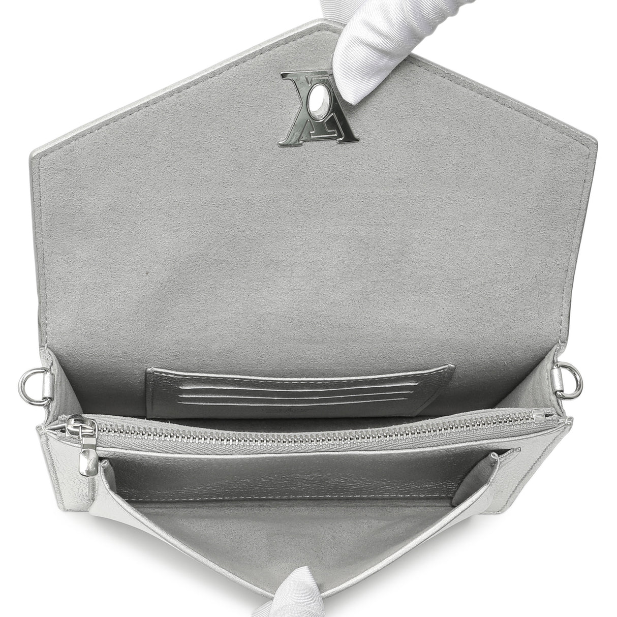 Louis Vuitton Silver Soft Calfskin Mylockme Chain Pochette Handbags Louis Vuitton