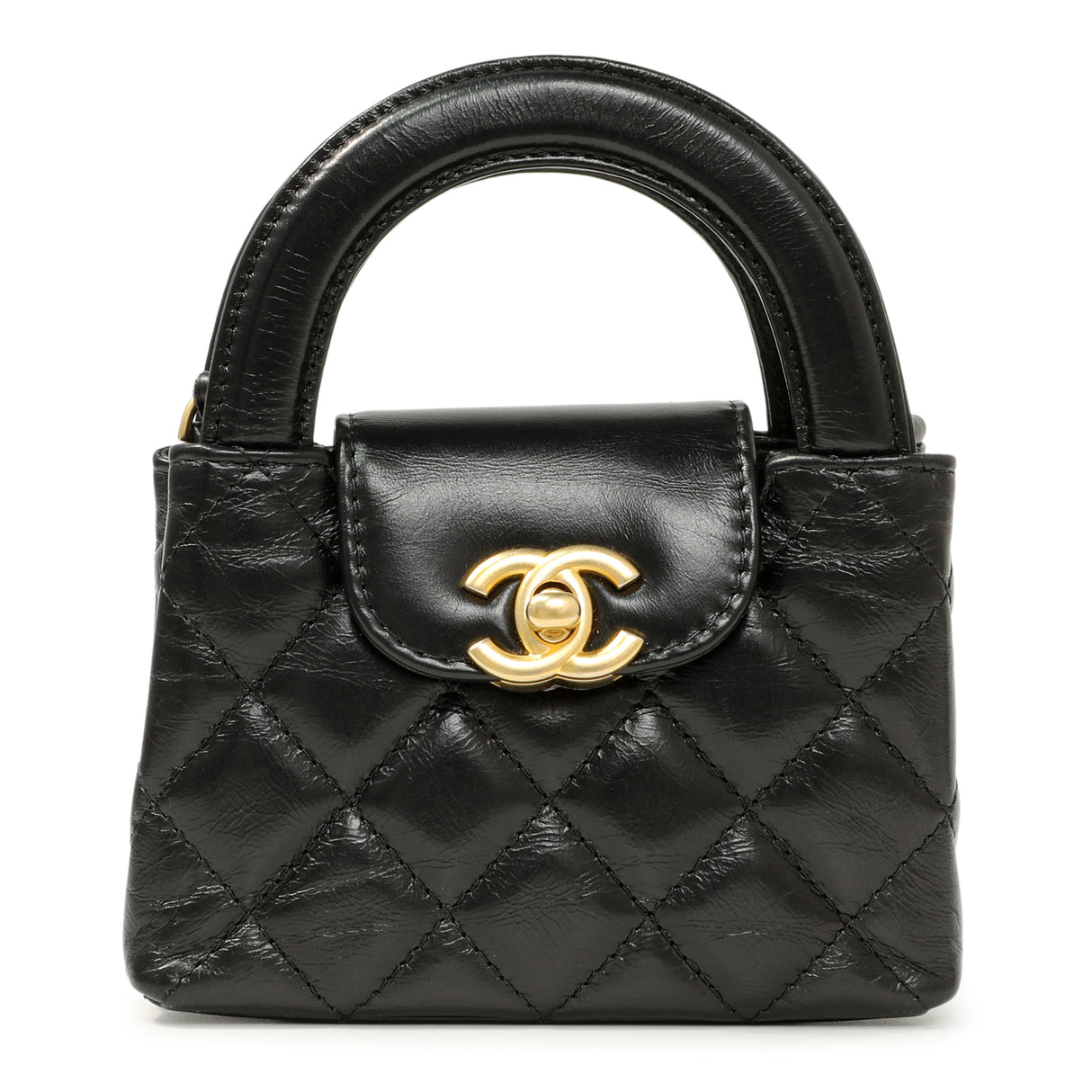 Chanel Black Shiny Aged Calfskin Quilted Mini Nano Kelly Shopper Handbags Chanel