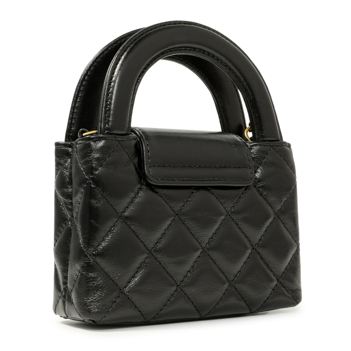 Chanel Black Shiny Aged Calfskin Quilted Mini Nano Kelly Shopper Handbags Chanel