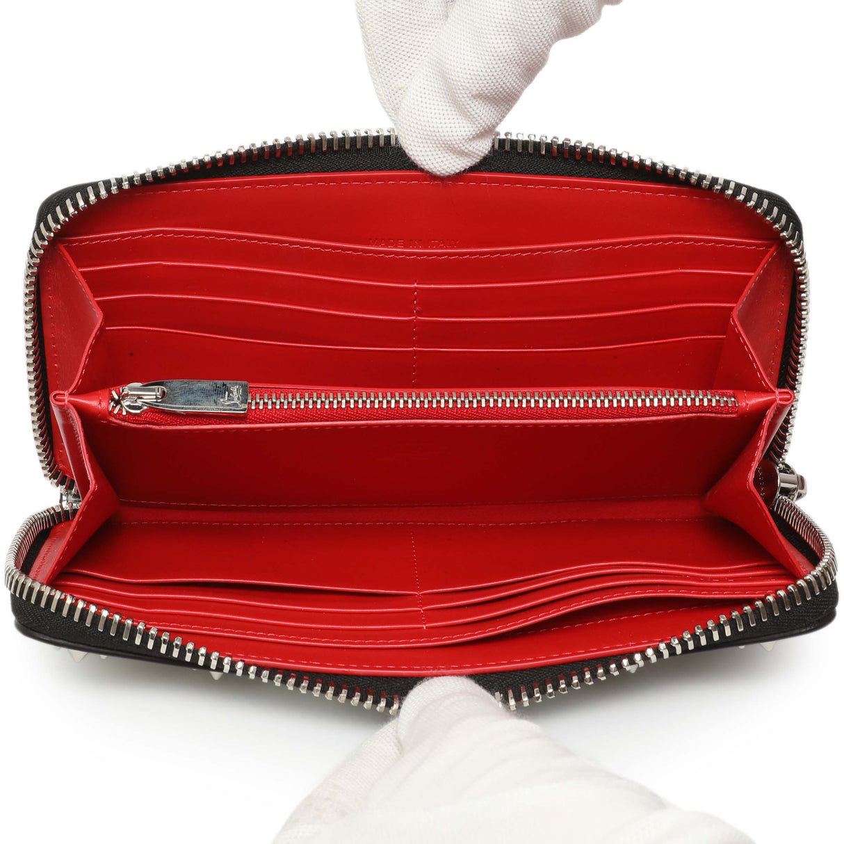Christian Louboutin Silver Patent Leather Panettone Spiked Zip Around Wallet Accessories Christian Louboutin