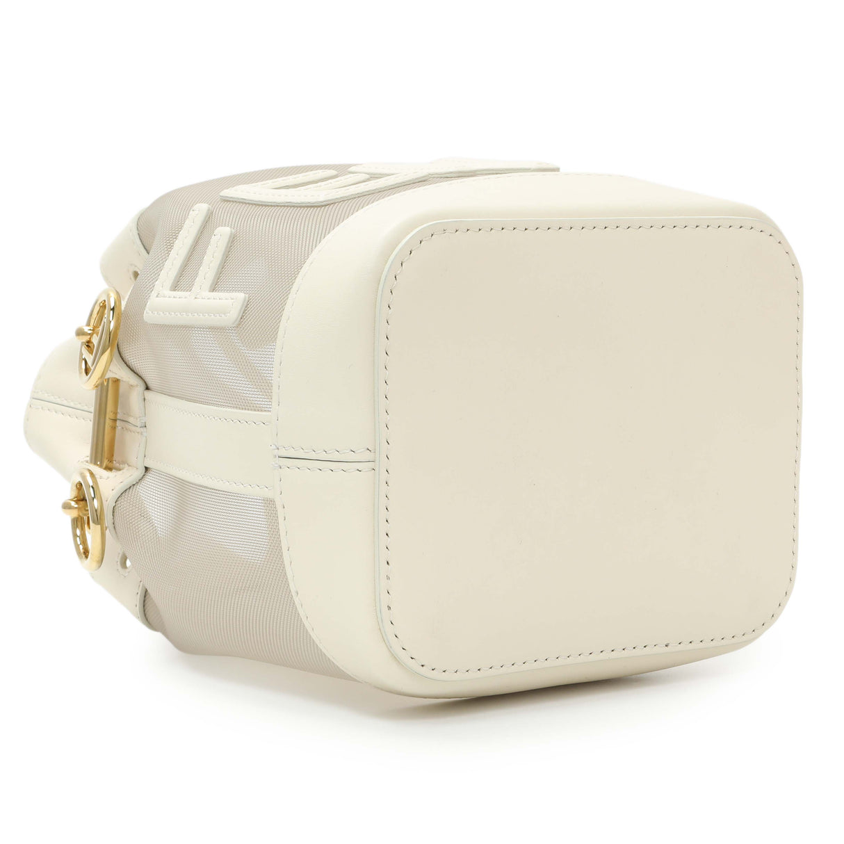 Fendi Sabbia White Ice Mesh Vitello King F is Fendi Logo Embroidered Mini Mon Tresor Bucket Bag