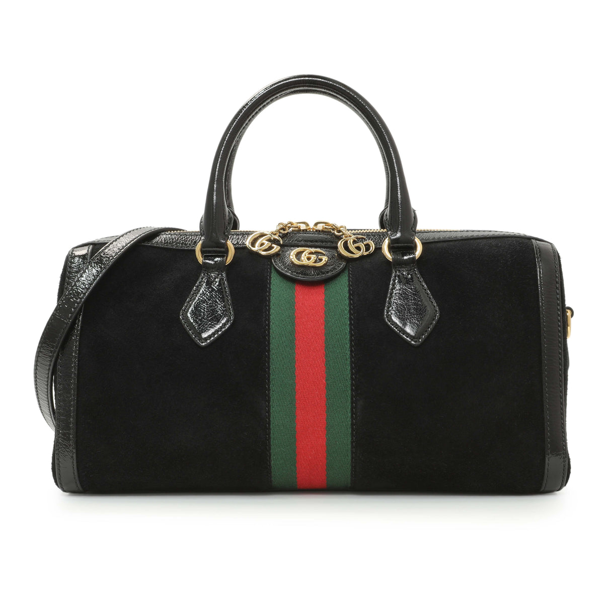 Gucci Black Suede Patent GG Web Medium Ophidia Boston Bag Handbags Gucci
