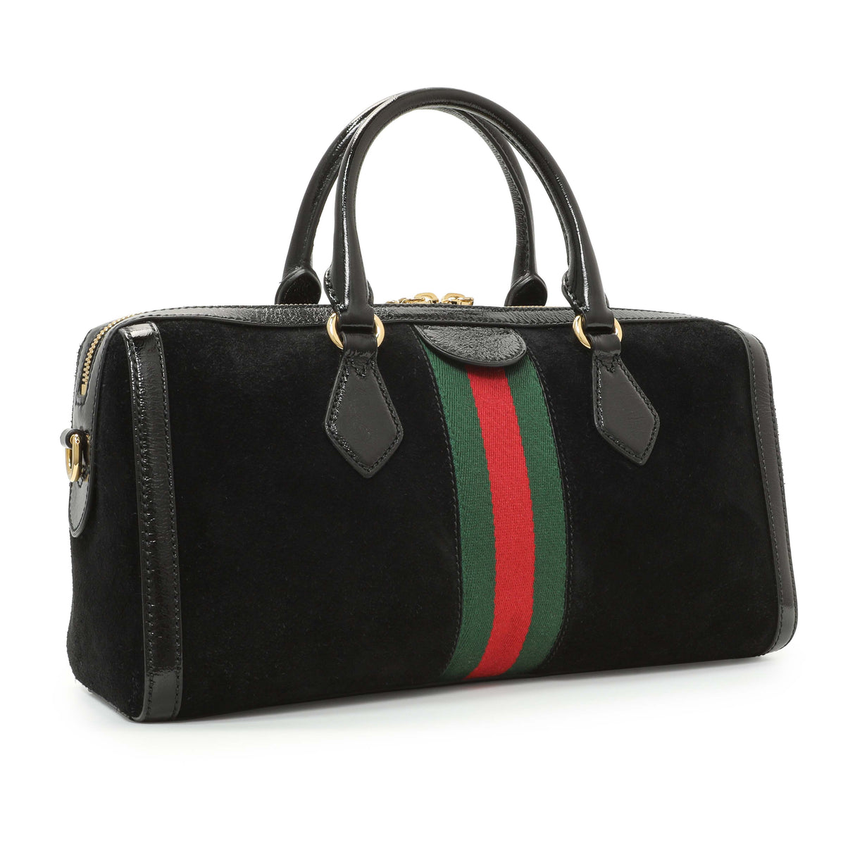 Gucci Black Suede Patent GG Web Medium Ophidia Boston Bag Handbags Gucci