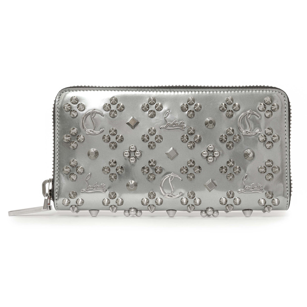 Christian Louboutin Silver Patent Leather Panettone Spiked Zip Around Wallet Accessories Christian Louboutin