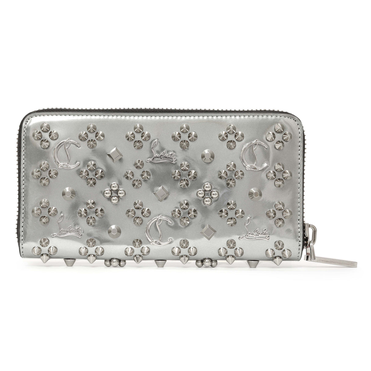 Christian Louboutin Silver Patent Leather Panettone Spiked Zip Around Wallet Accessories Christian Louboutin