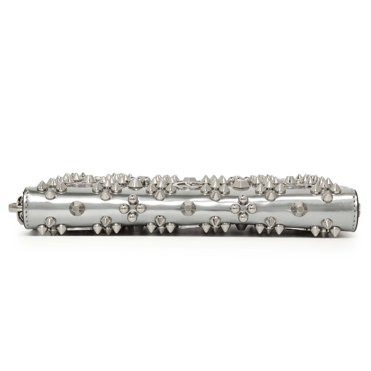 Christian Louboutin Silver Patent Leather Panettone Spiked Zip Around Wallet Accessories Christian Louboutin