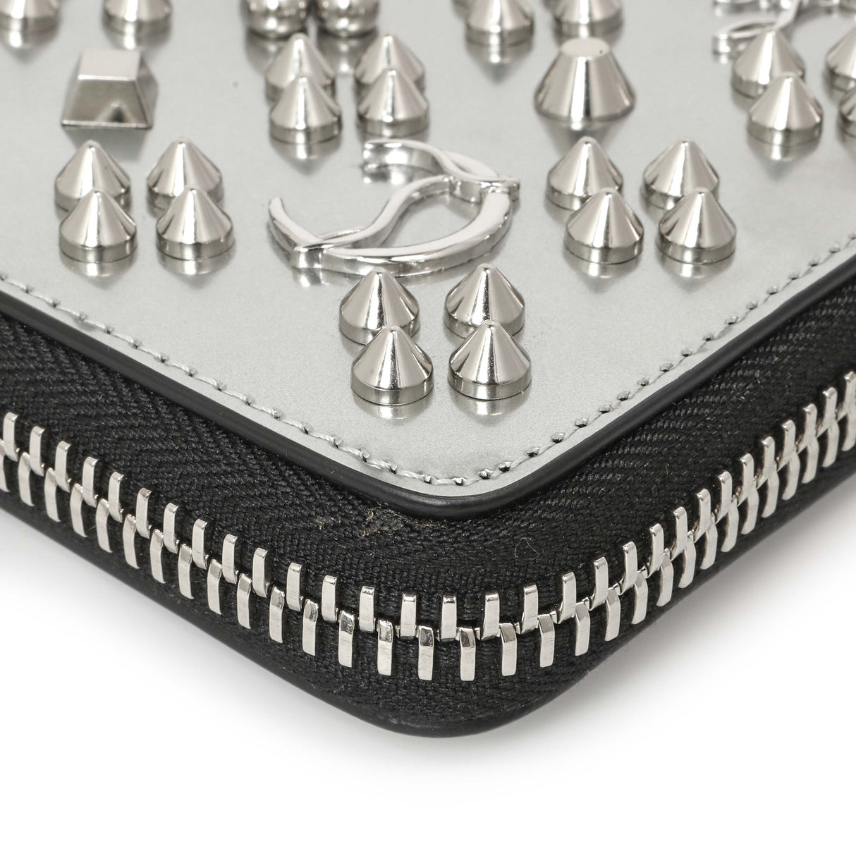 Christian Louboutin Silver Patent Leather Panettone Spiked Zip Around Wallet Accessories Christian Louboutin