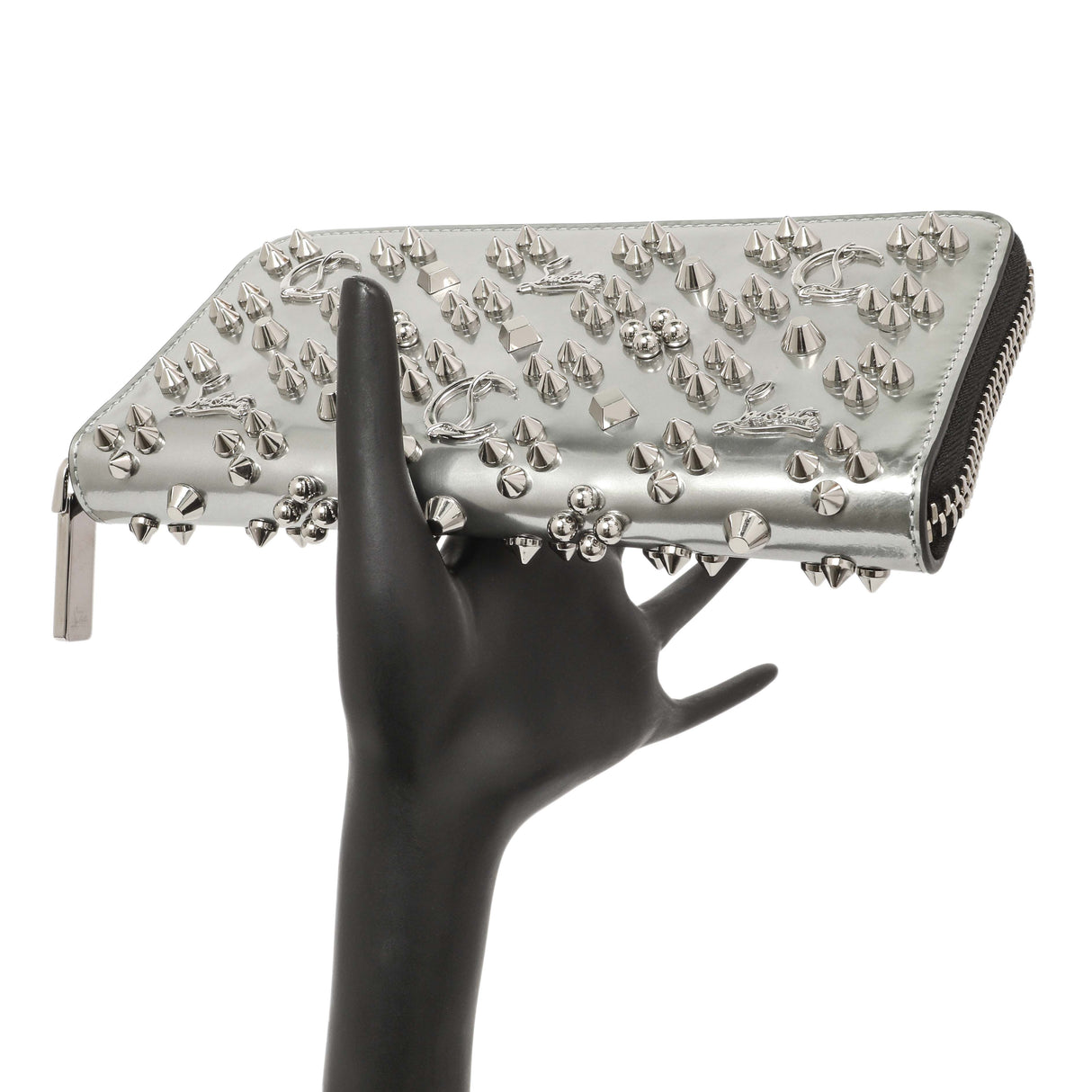 Christian Louboutin Silver Patent Leather Panettone Spiked Zip Around Wallet Accessories Christian Louboutin