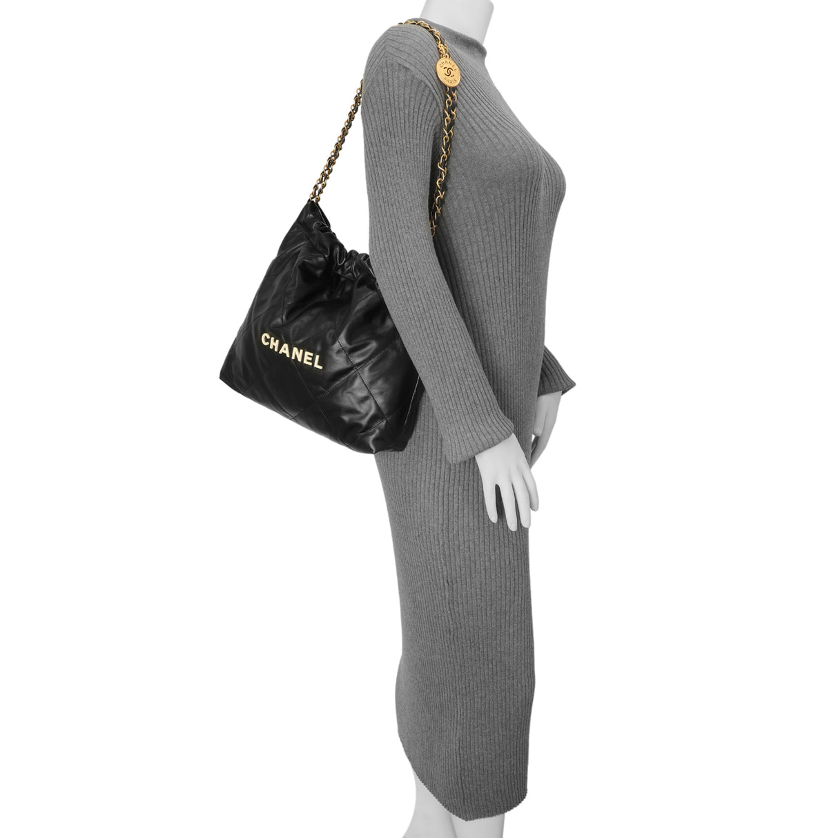 Chanel Black Quilted Shiny Calfskin Small 22 Handbags Chanel