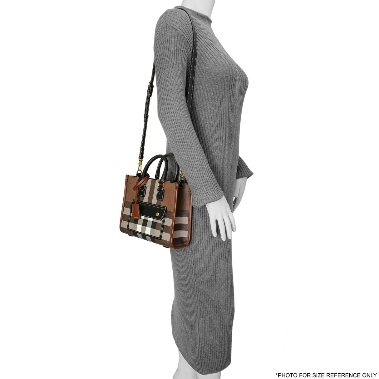 Burberry Dark Birch Brown E-Canvas Check Calfskin Mini Freya Tote Handbags Burberry