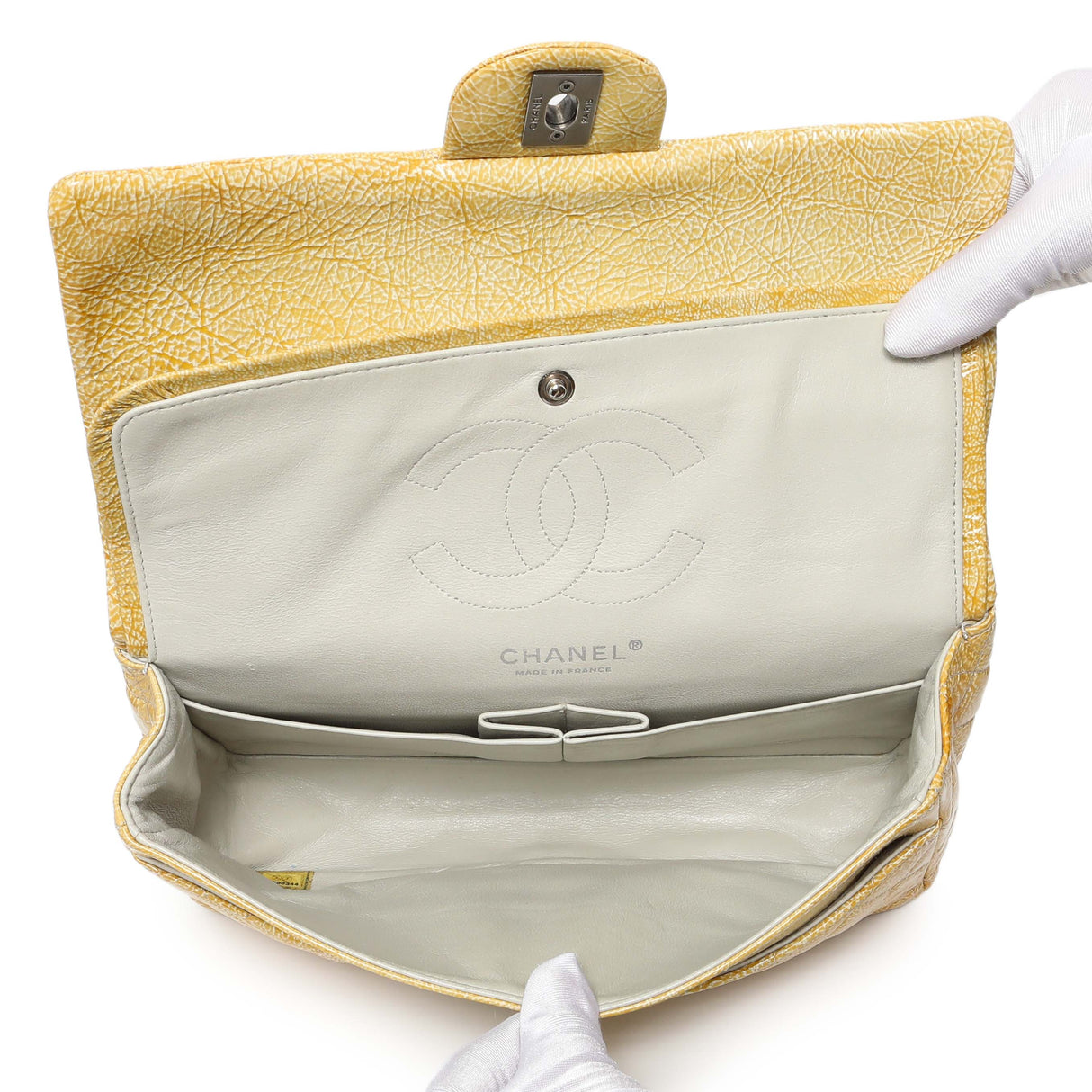 Chanel Beige Crinkled Patent Medium Double Flap Handbags Chanel