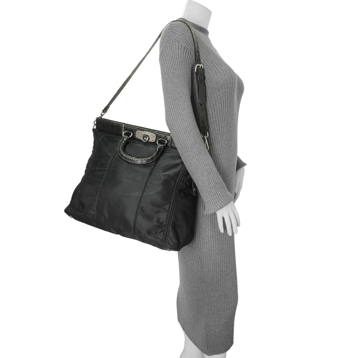 Prada Black Nylon Frame Tote Handbags Prada