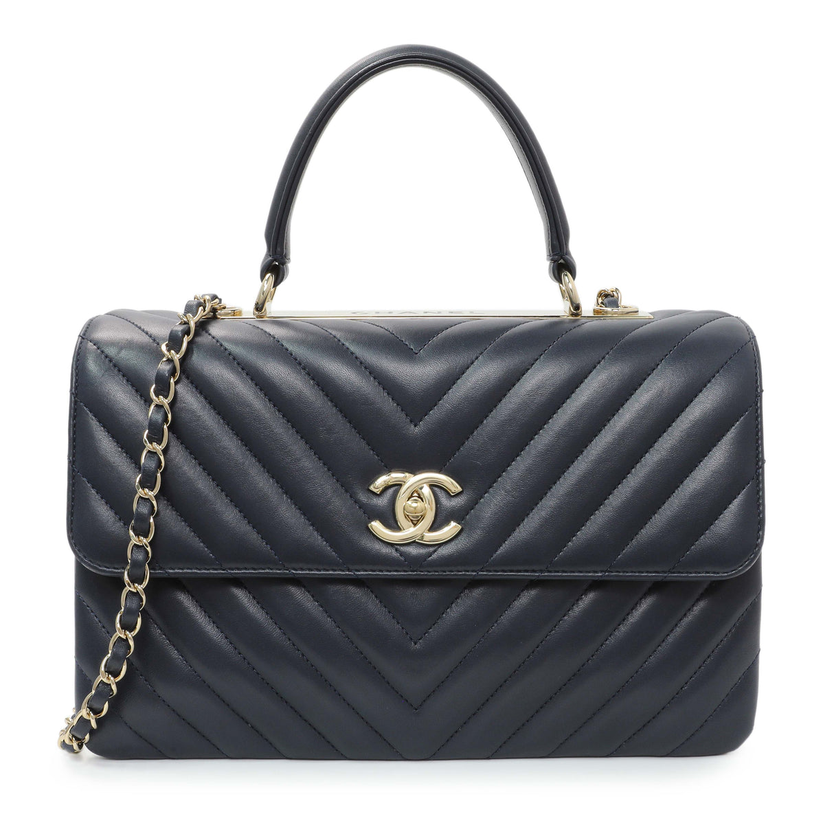 Chanel Blue Chevron Quilted Lambskin Medium Trendy CC Dual Handle Flap Bag Handbags Chanel