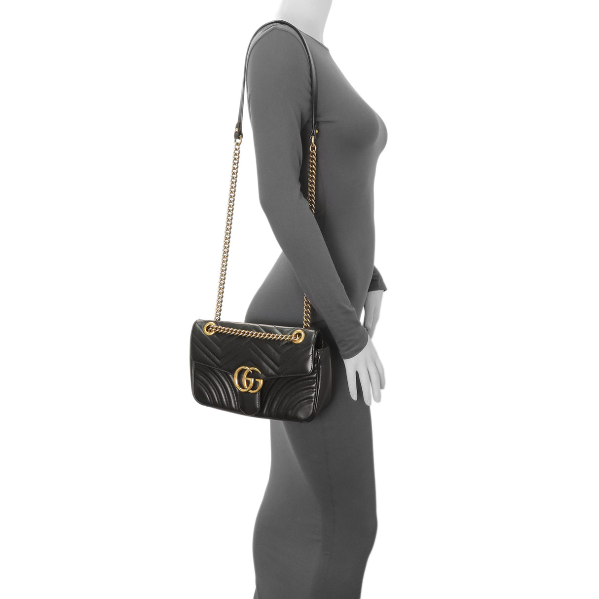 Gucci Black Calfskin Matelasse Small GG Marmont Shoulder Bag Handbags Gucci