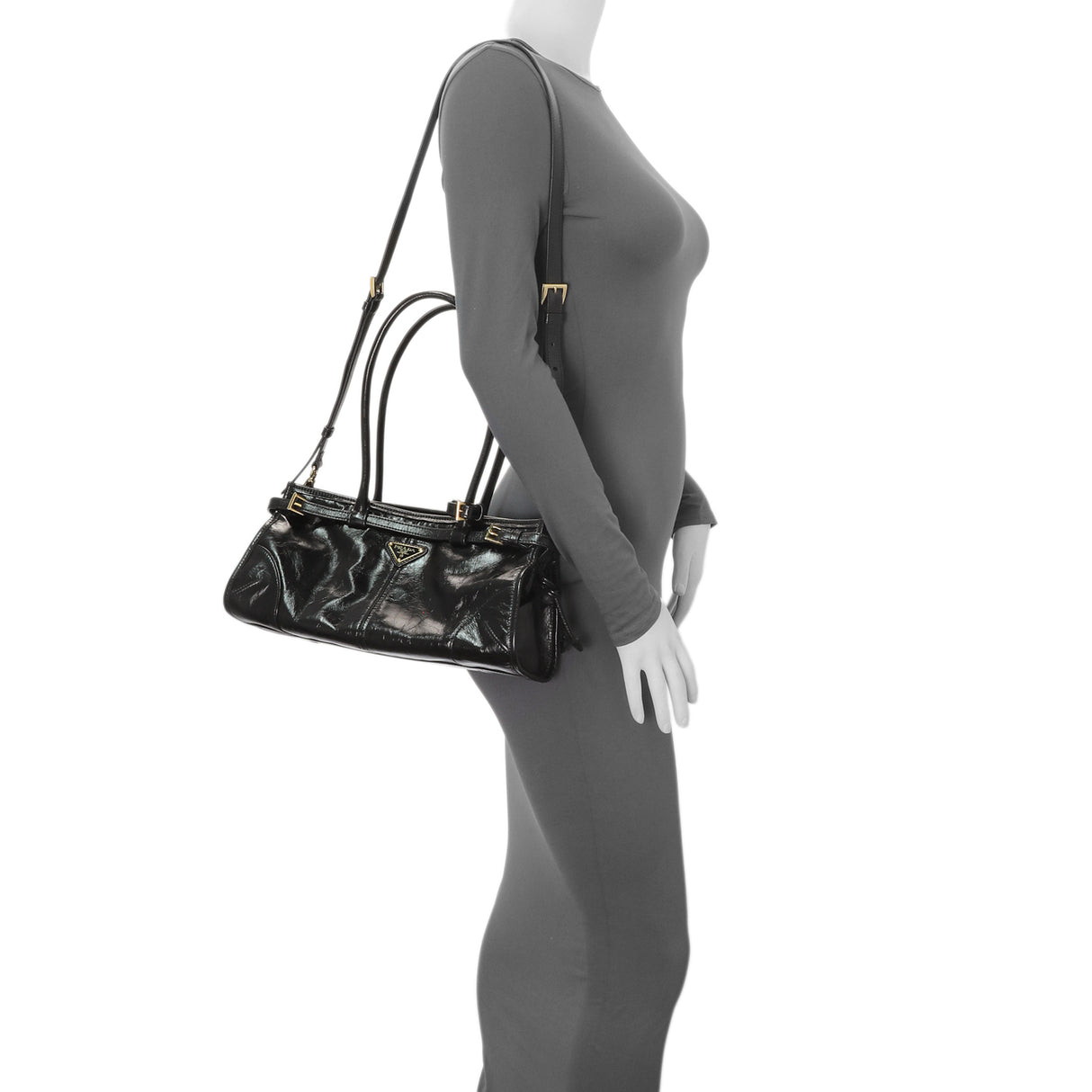 Prada Black Glossy Calfskin Triangle Medium Bonnie Shoulder Bag Handbags Prada