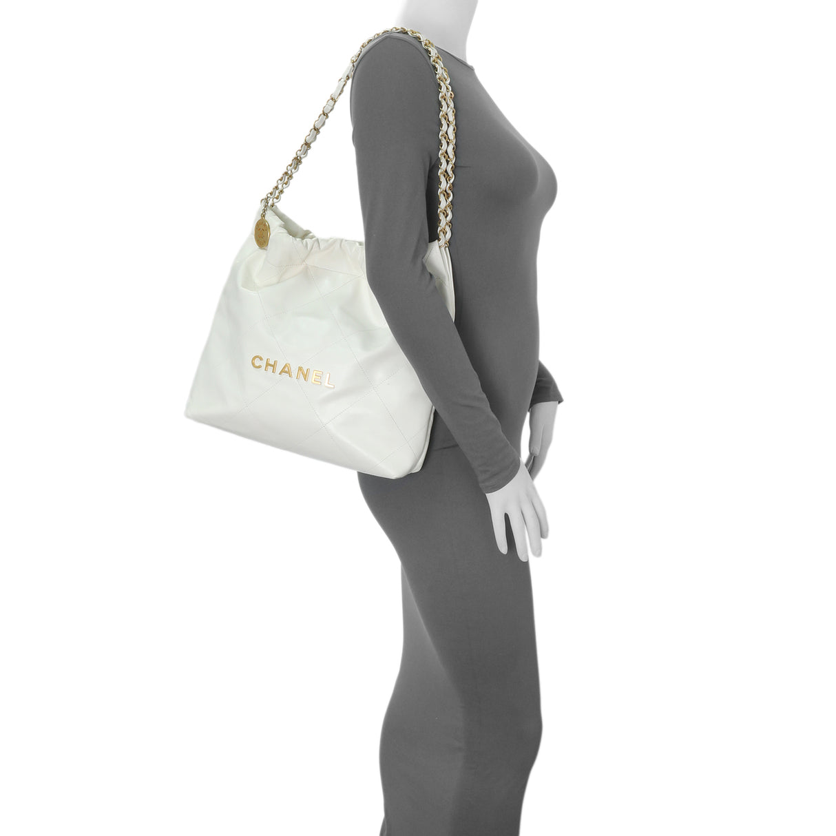 Chanel White Shiny Quilted Calfskin Small Chanel 22 Handbags Chanel