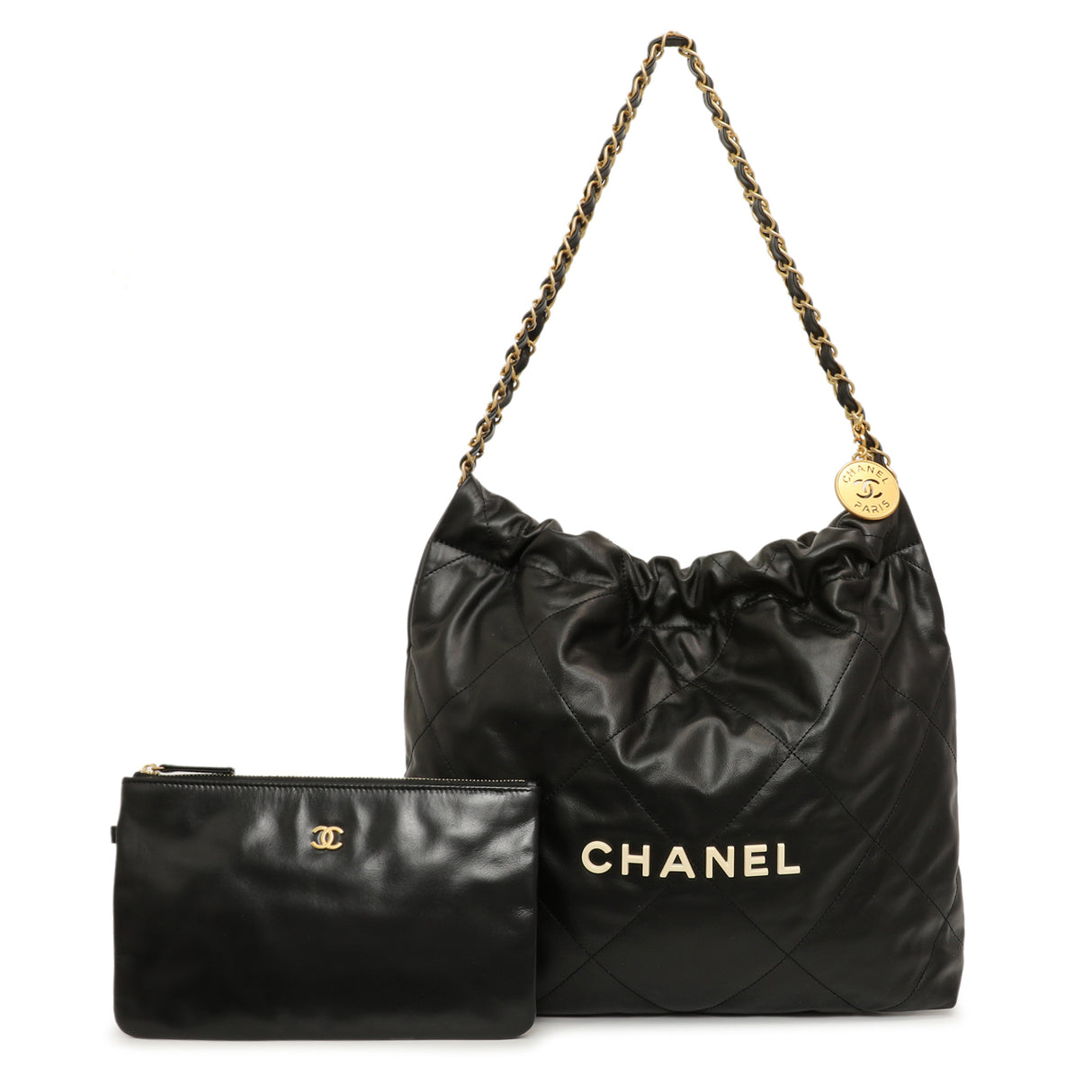 Chanel Black Quilted Shiny Calfskin Small 22 Handbags Chanel