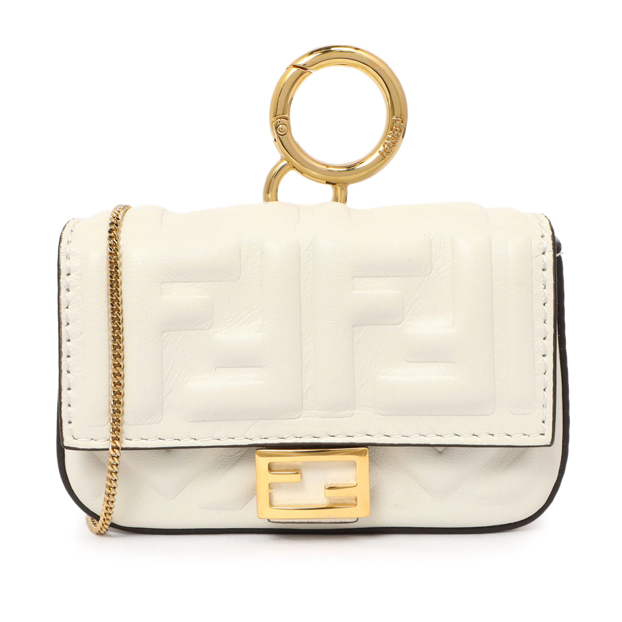 Fendi White Nappa Matisse FF Embossed Nano Baguette Charm Handbags Fendi