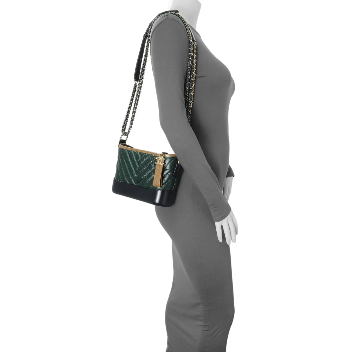 Chanel Green Aged Calfskin Chevron Quilted Small Gabrielle Hobo Handbags Chanel