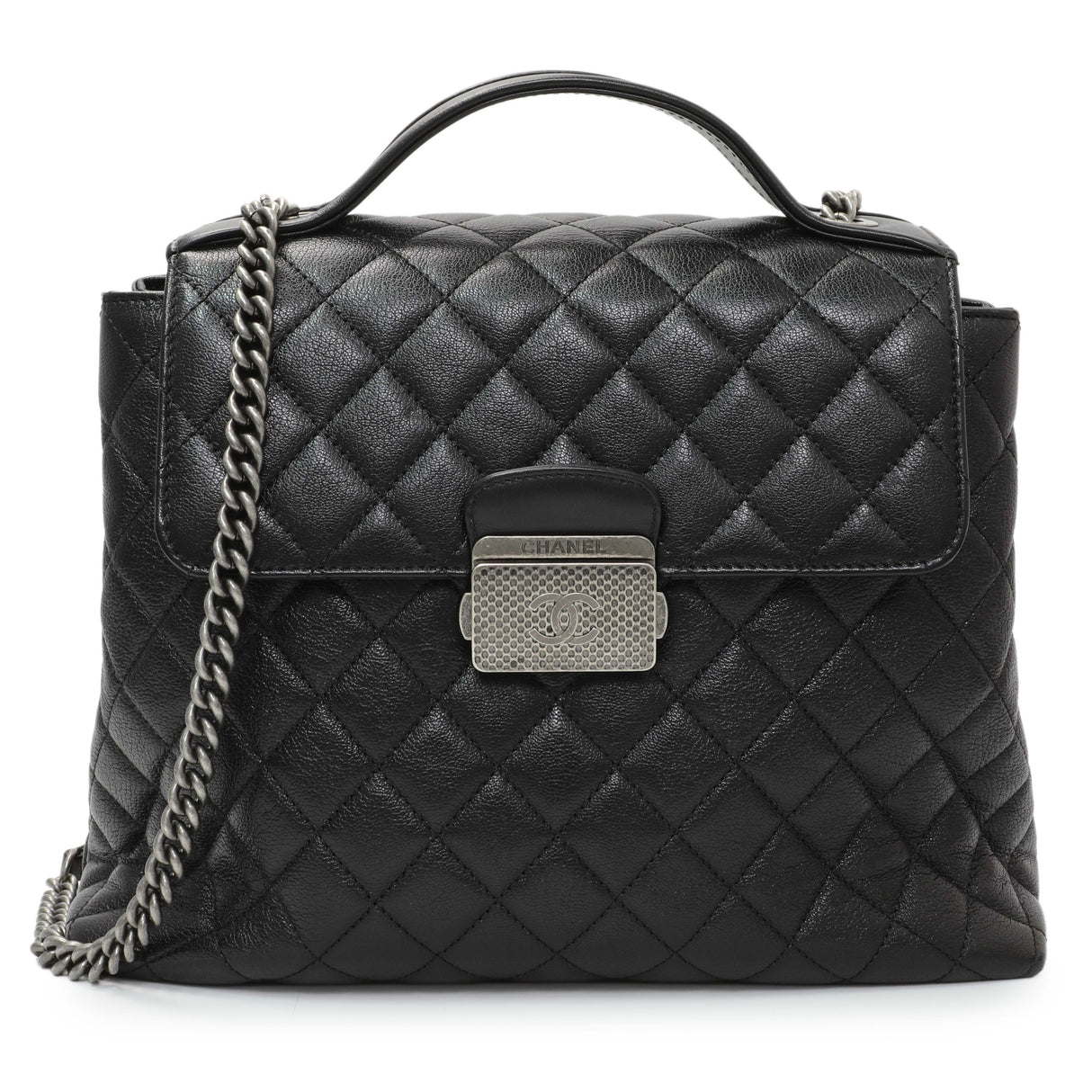Chanel Black Quilted Goatskin Small CC University Shopping Tote Handbags Chanel
