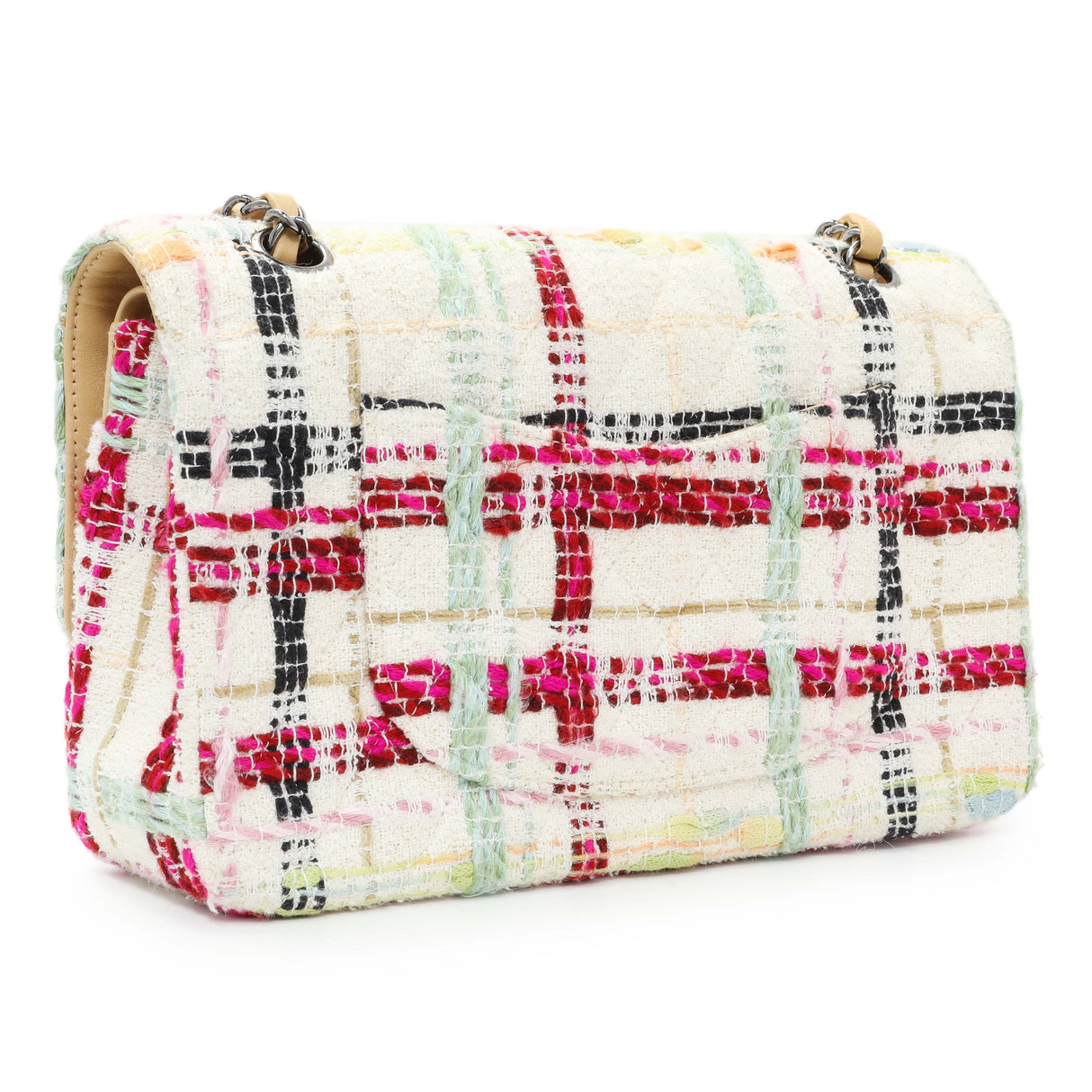 Chanel White Pink Tweed Quilted Medium Double Flap Handbags Chanel