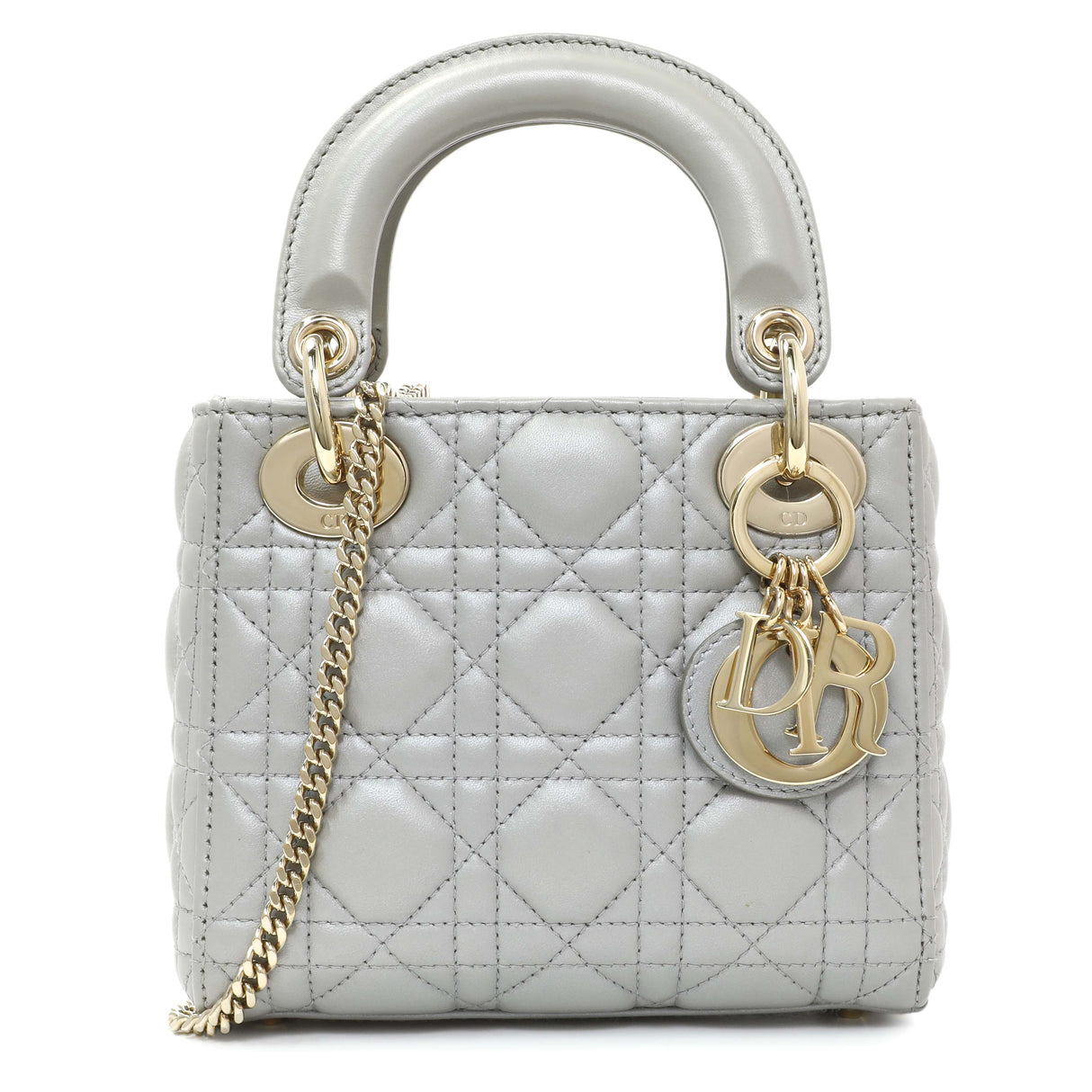Christian Dior Grey Metallic Lambskin Cannage Mini Lady Dior Handbags Christian Dior