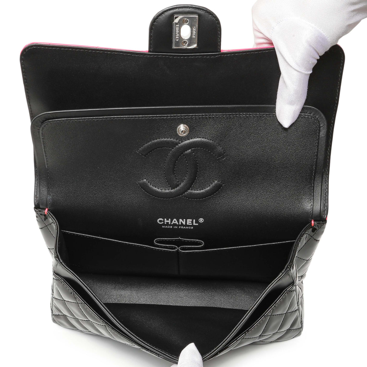 Chanel Black Pink Quilted Patent Medium Classic Double Flap Handbags Chanel