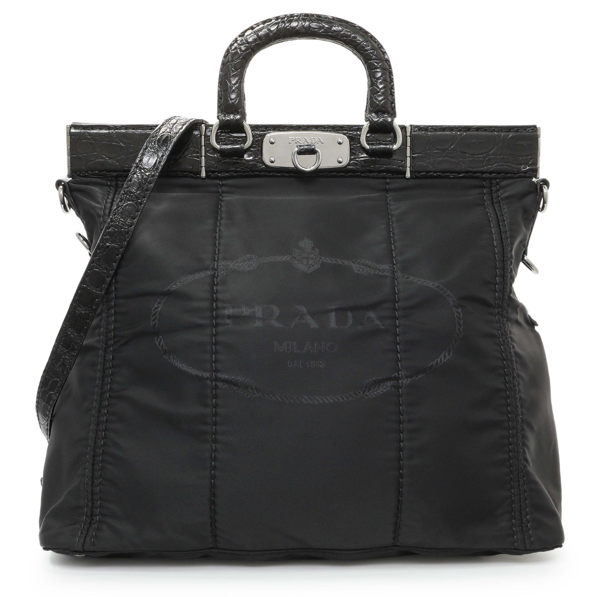 Prada Black Nylon Frame Tote Handbags Prada