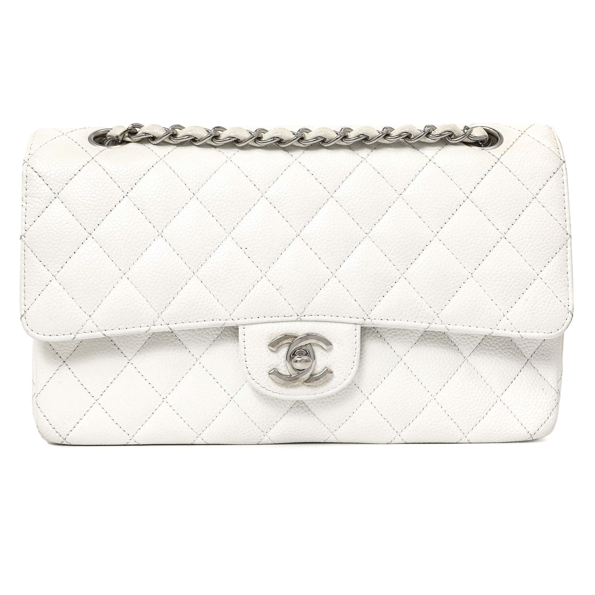 Chanel White Quilted Caviar Medium Classic Double Flap Handbags Chanel