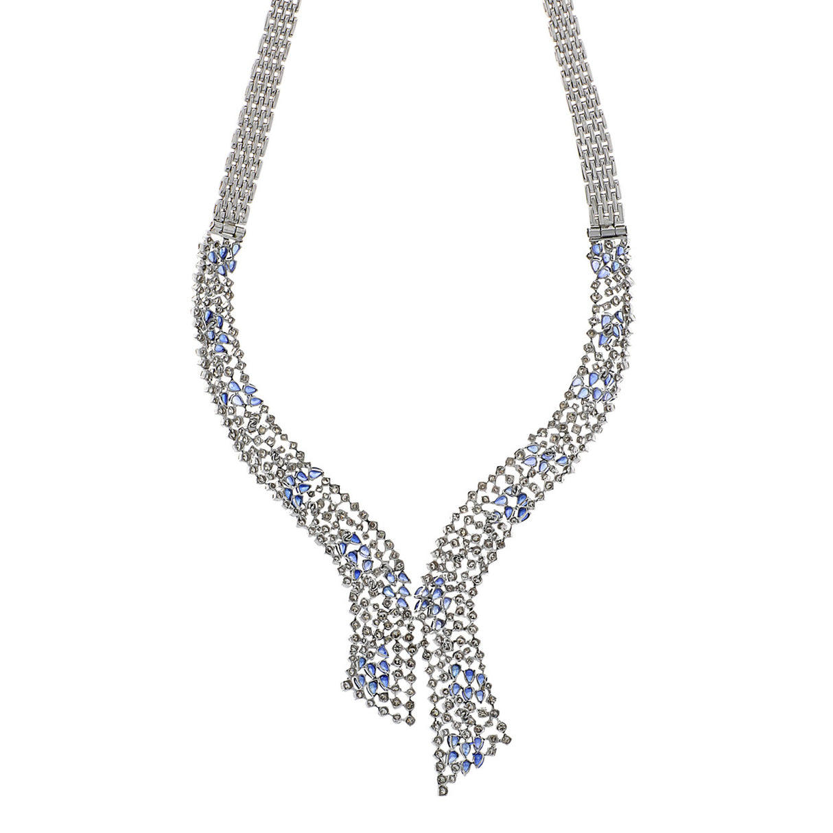 14K White Gold 14.74 Carat Sapphire & Diamond Collier Necklace Fine Jewellery Modaselle