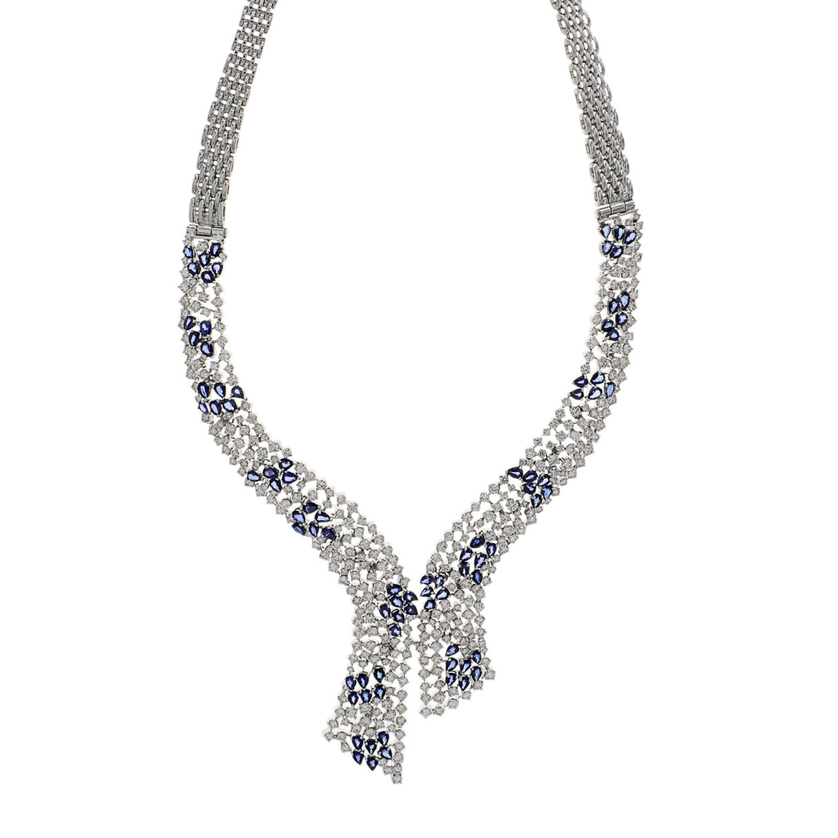 14K White Gold 14.74 Carat Sapphire & Diamond Collier Necklace Fine Jewellery Modaselle