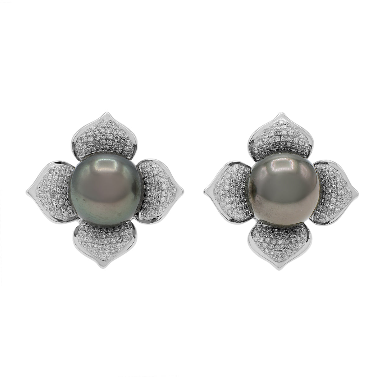 18K White Gold 12.0mm Tahitian Pearl & Diamond Earrings Fine Jewellery Modaselle