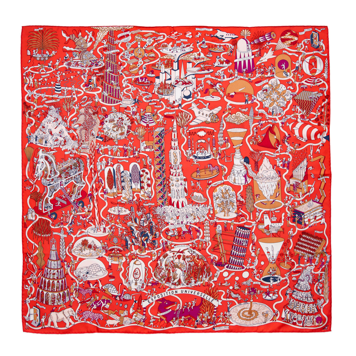 Hermes Rouge Creme Violet Silk Exposition Universelle Scarf 90 Accessories Hermes