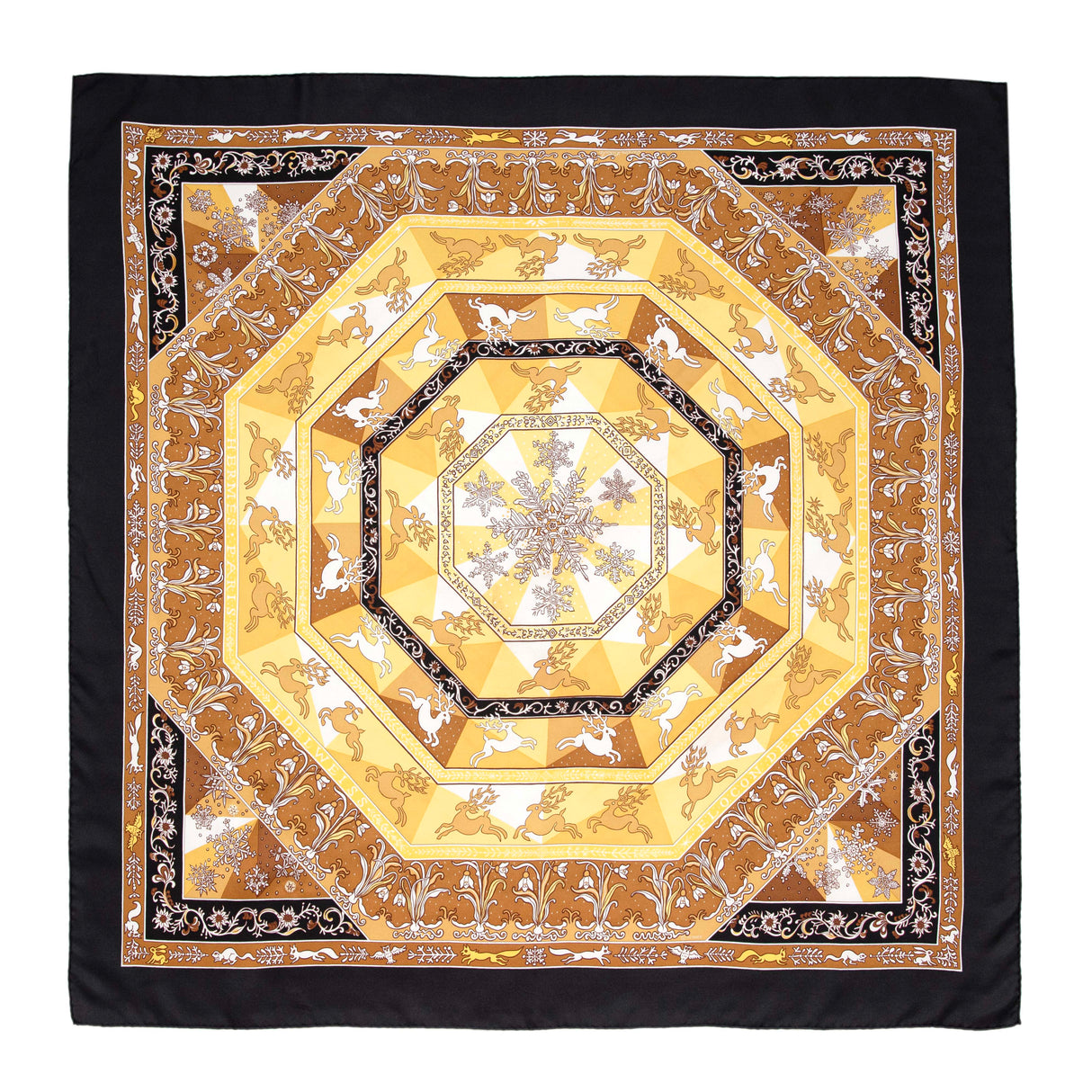 Hermes Noir Jaune Or Silk Fleurs D'Hiver Scarf 90 Accessories Hermes