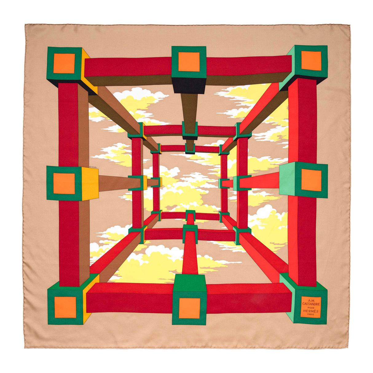 Hermes Beige Rouge H Jaune Silk Perspective II Cassandre Scarf 90 Accessories Hermes
