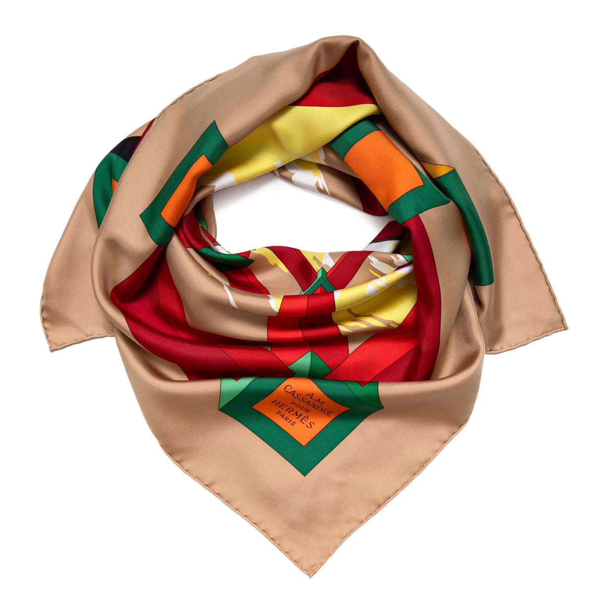 Hermes Beige Rouge H Jaune Silk Perspective II Cassandre Scarf 90 Accessories Hermes